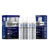 Rogaine front packaging showing four unscented cans and clear supply benefit