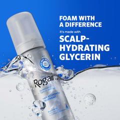 Rogaine unscented foam bottle highlighting quick-dry, no-mess formula.