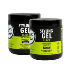 Rolda Black Styling Gel bottle front shows bold hold for dark hair.