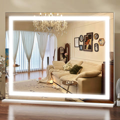 ROLOVE vanity mirror full view shows expansive framing for detailed makeup