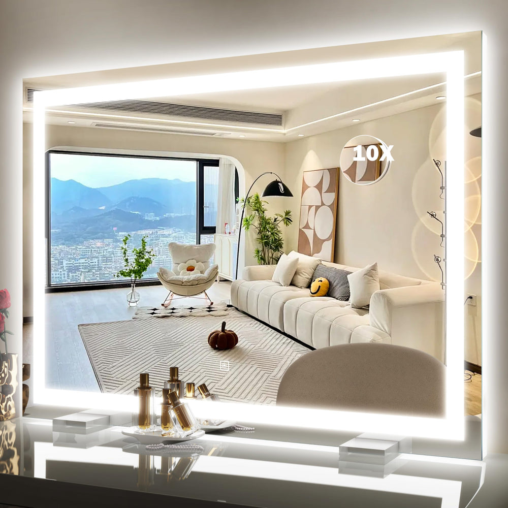 ROLOVE 38x28 mirror, front view with expansive surface for precise makeup application.