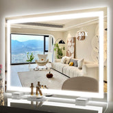 ROLOVE 38x28 mirror, front view with expansive surface for precise makeup application.