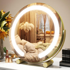 ROLOVE Gold Vanity Mirror close-up with warm LED glow for flawless makeup application.