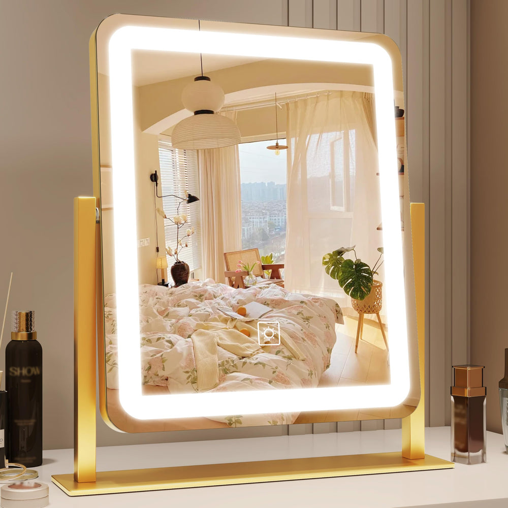 ROLOVE gold vanity mirror front view for compact desk setup.