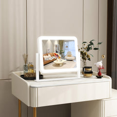 ROLOVE vanity mirror close-up of dimmable brightness control for makeup tasks.