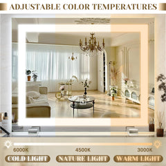 ROLOVE vanity mirror mounted on wall with detachable base for versatile setup.