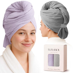ROLSHOL lavender-grey hair towel wrap with soft waffle texture for gentle drying.