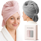 Rolshol two-pack microfiber hair towel wrap in pink and grey dries hair fast.