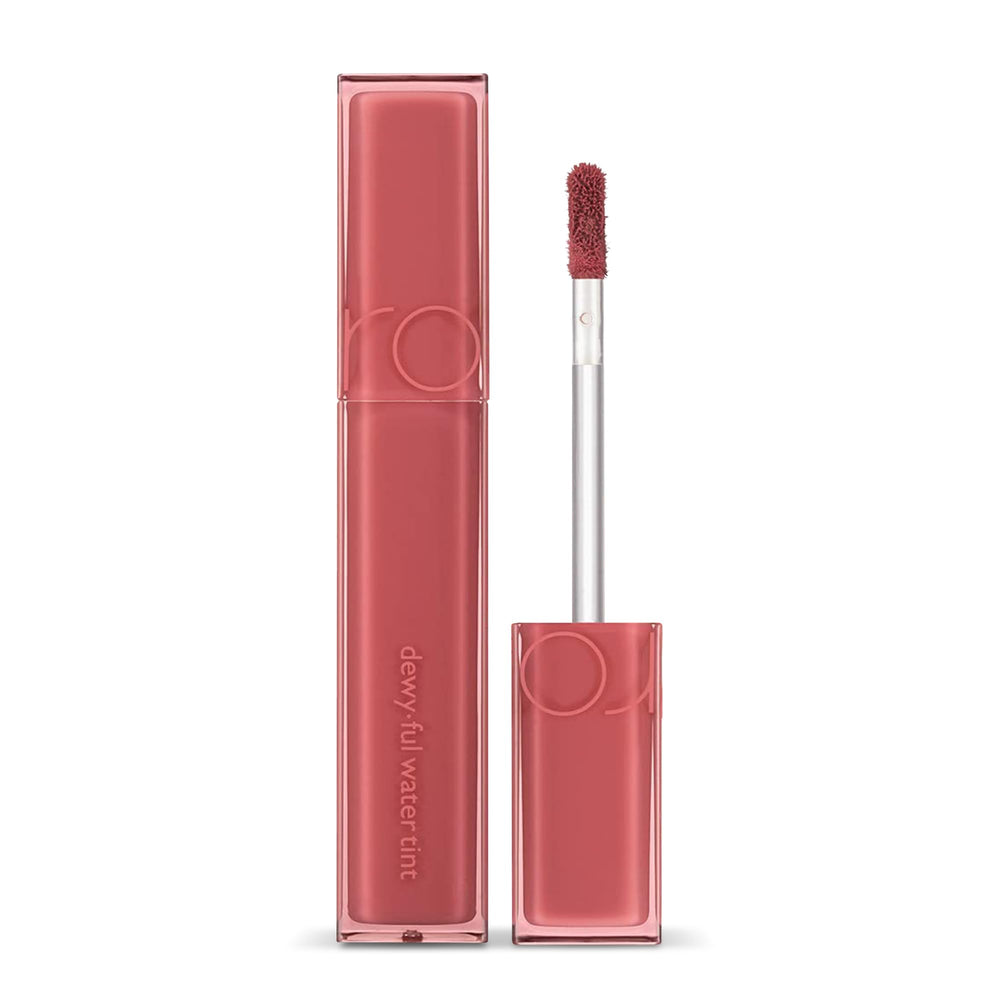 rom&nd dewyful water tint 01 coral bottle closeup glossy color boost on lips.