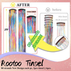 Rootoo hair tinsel 24-inch length offers long shimmer for dramatic styles.