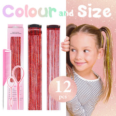 Rootoo red clip-in tinsel highlights long hair with holographic sheen.