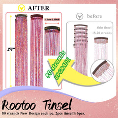 Rootoo pink fairy hair tinsel 24-inch clips add subtle shimmer for daily hairstyles.