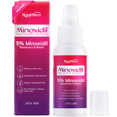 RootStim Extra Strength Minoxidil Spray bottle demonstrates precise application for thinning areas and fast absorption.