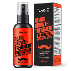 RootStim minoxidil beard growth serum bottle showing high-strength formula for fuller appearance.