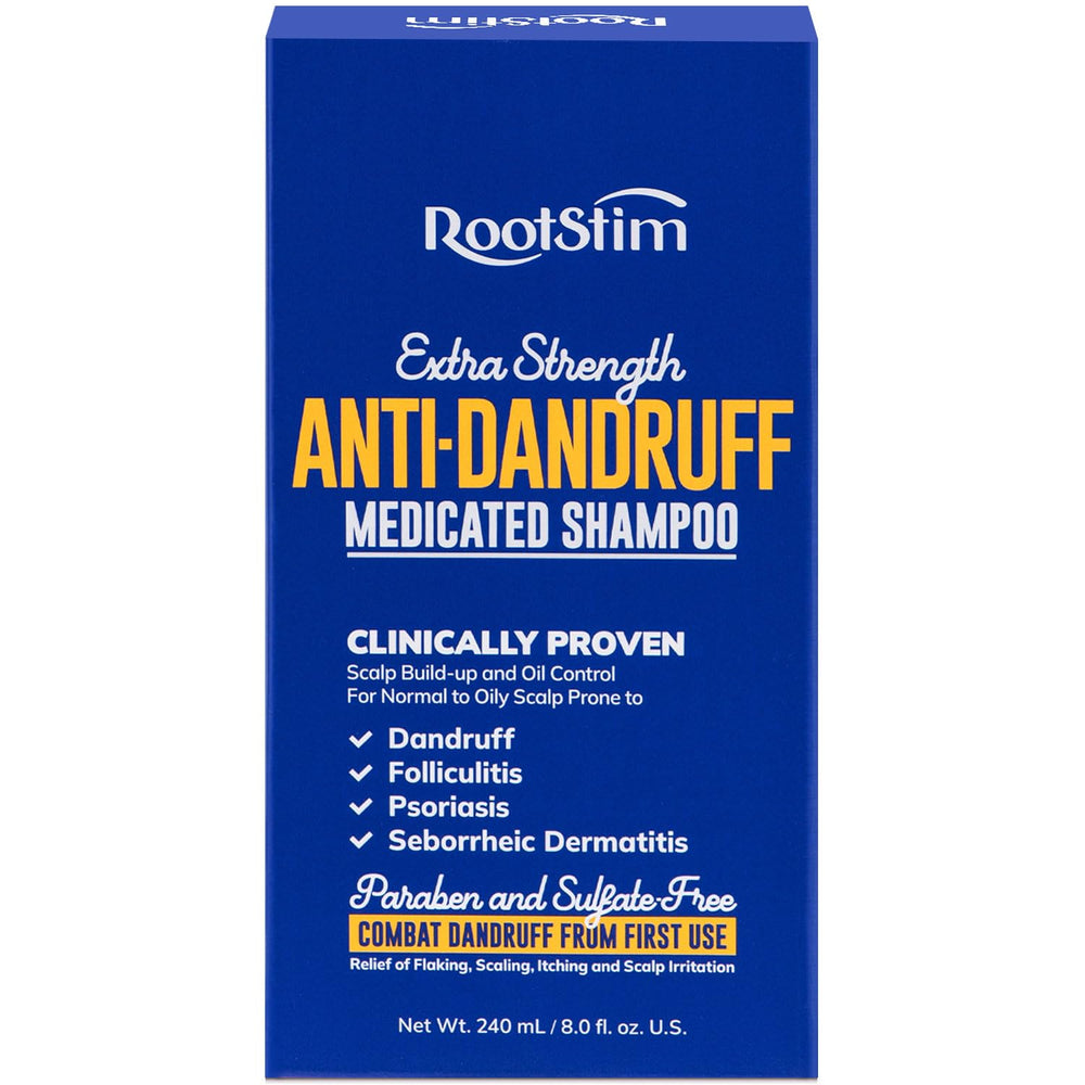 RootStim seborrheic-dermatitis shampoo bottle promotes flake relief and scalp comfort.