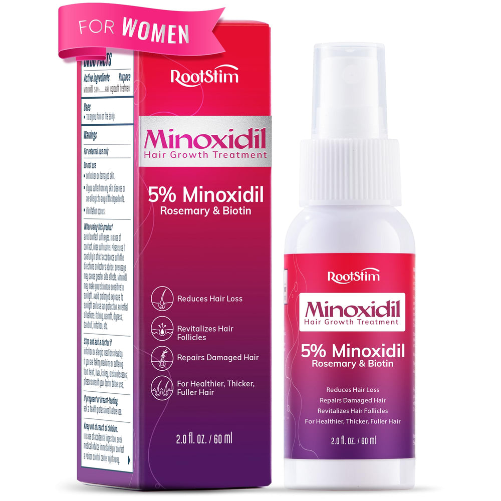RootStim Women’s 5% Minoxidil bottle front view for easy daily use.