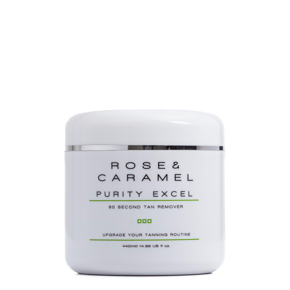 Rose & Caramel Purity Excel tan remover bottle shows rapid 60-second self-tan removal for a fresh start.