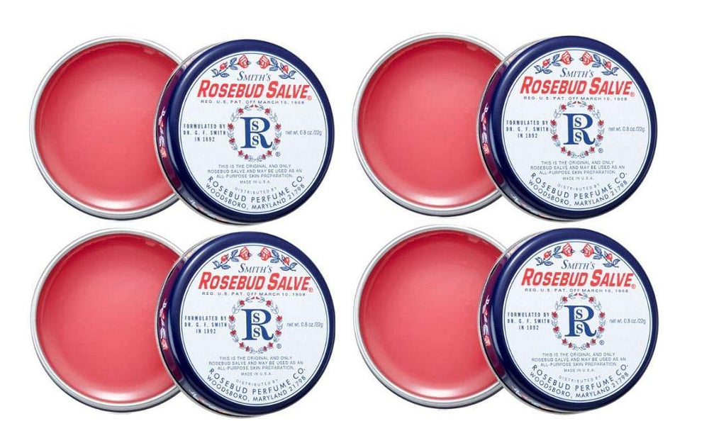 Rosebud Salve four-pack front view for versatile lip care and skin soothing.