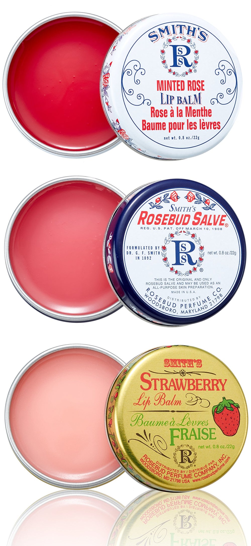Rosebud Three Lavish Layers Lip Balm packaging for on-the-go hydration.