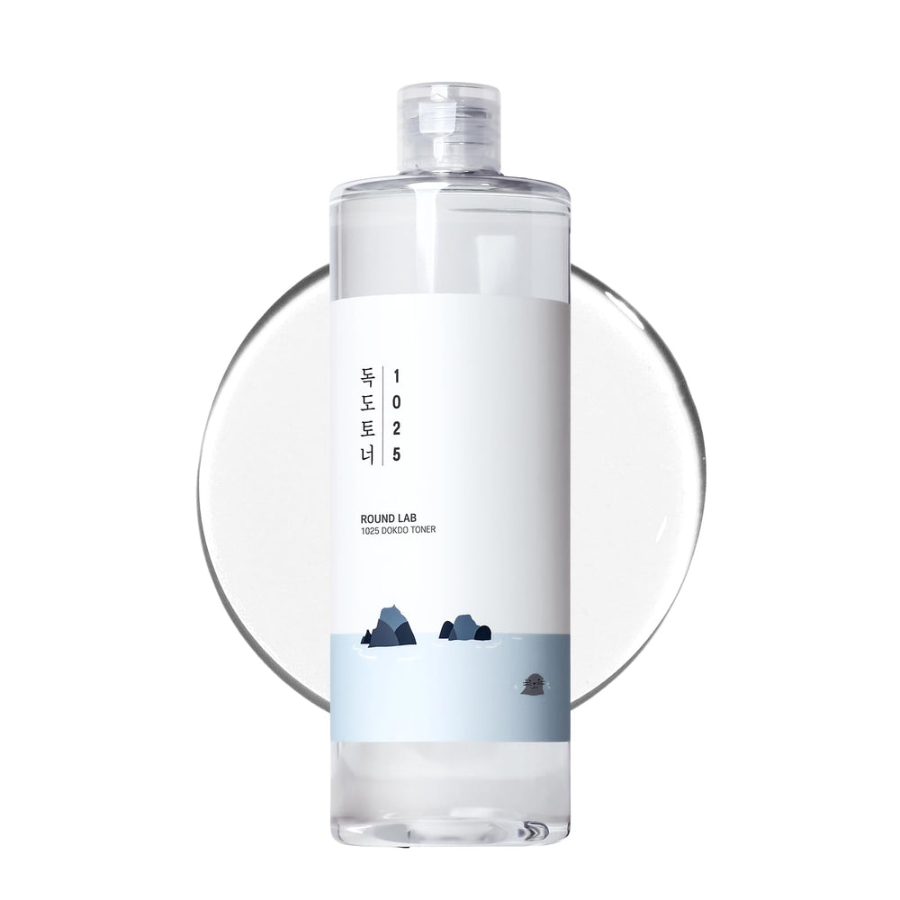 ROUND LAB 1025 Dokdo Toner bottle front shows gentle exfoliation and hydration.