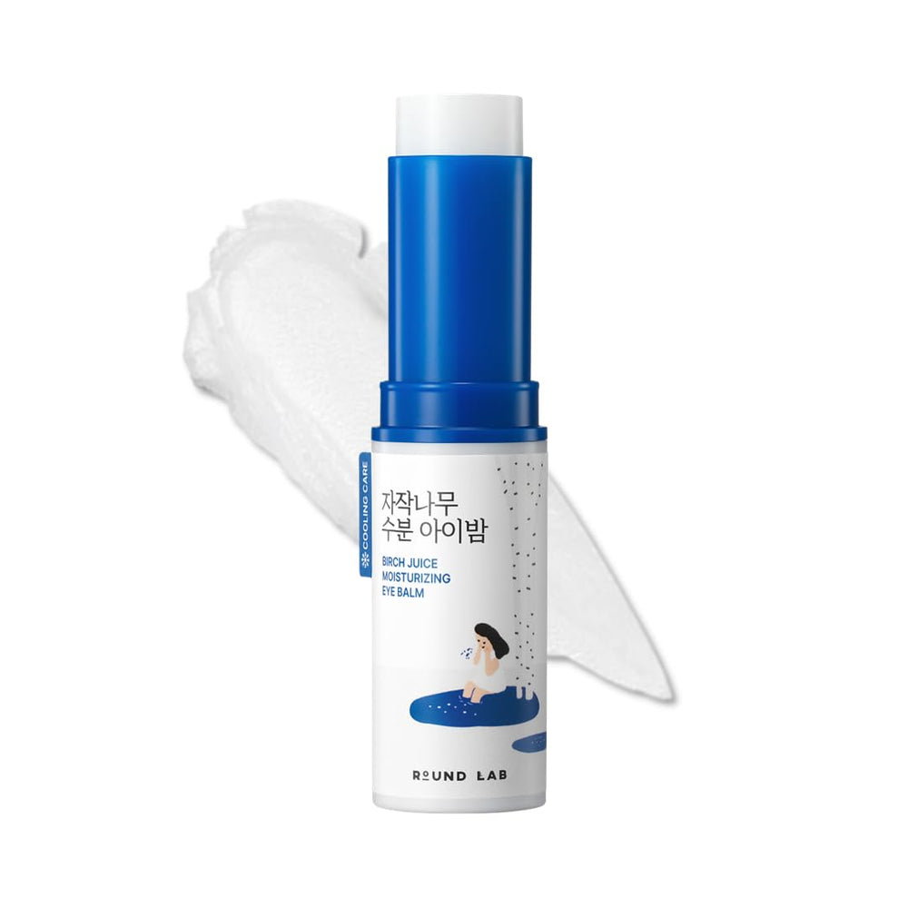 ROUND LAB Birch Juice Icy Cooling Eye Stick packaging highlighting portable hydration for travel days.
