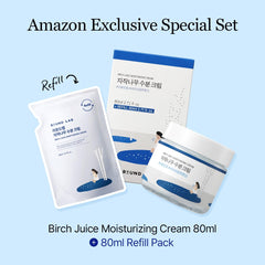 ROUND LAB Birch Juice Moisturizing Cream set packaging highlights value and refill.