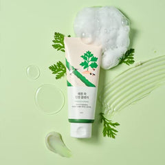 ROUND LAB Mugwort Calming Cleanser rinse closeup shows creamy lather ideal for gentle daily wash