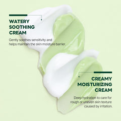 ROUND LAB Pine Cica Calming Cream Plus closeup dual-texture application—quick absorption