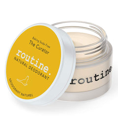 Routine Curator deodorant cream jar closeup highlighting gentle, aluminum-free formula.