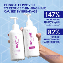 Routine Wellness anti-thinning conditioner bottle indicating smooth, stronger strands