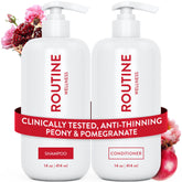 Routine Wellness anti-thinning shampoo bottle close-up highlighting fuller-looking hair
