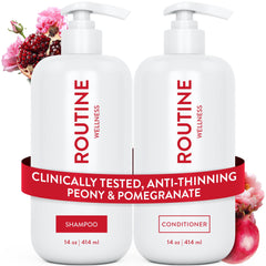 Routine Wellness anti-thinning shampoo bottle close-up highlighting fuller-looking hair