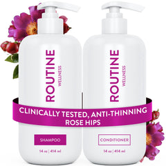 Routine Wellness anti-thinning shampoo bottle showing volumizing action for fuller hair