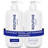 Routine Wellness shampoo bottle top view, color-safe formula for all hair types.