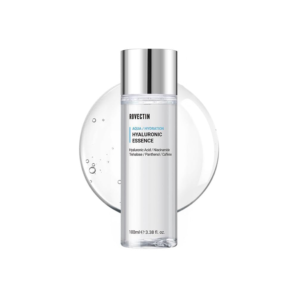 ROVECTIN Aqua Hyaluronic Essence bottle front—promotes hydrating, refreshing skin on contact.