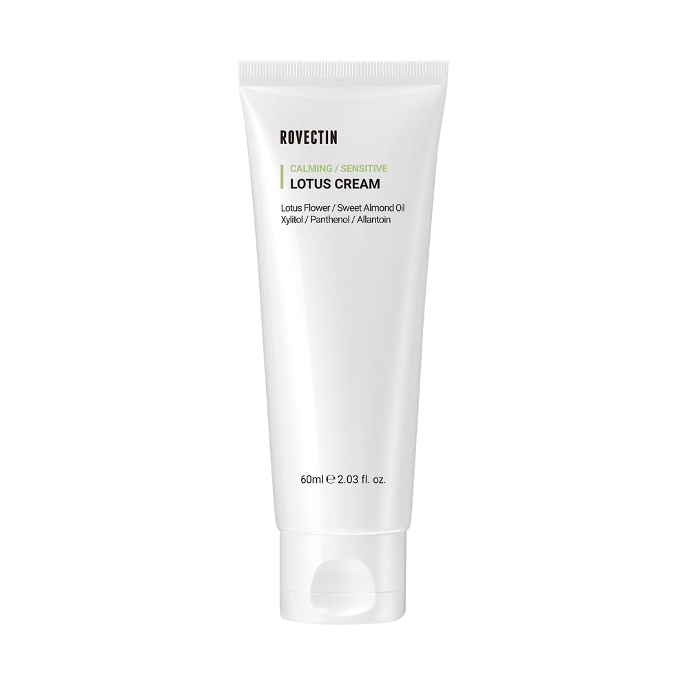 ROVECTIN Calming Lotus Cream jar close-up showing lightweight hydration for sensitive skin