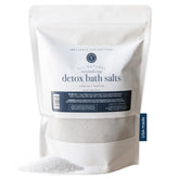 Rowe Casa Organics Detox Bath Salts bottle shows magnesium blend for relaxation and spa-worthy soak.