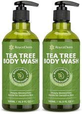 Roycederm antifungal body wash bottle front shows refreshing tea tree cleanse for daily skin care