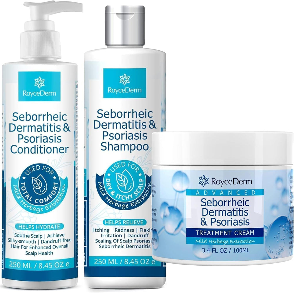 Roycederm cream tube application showing soothing relief for itchy scalp and flaking
