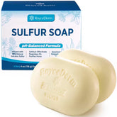 Roycederm sulfur soap closeup highlighting 10% volcanic sulfur for purifying pores.