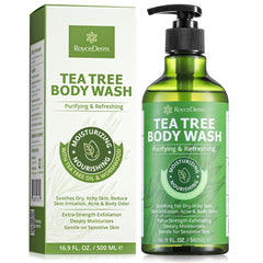 Roycederm tea tree body wash bottle offers a refreshing antifungal cleanse for daily skin care.