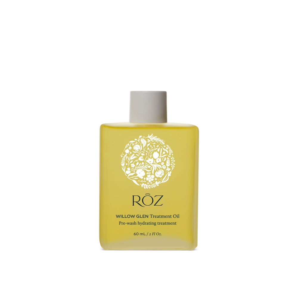 RŌZ Willow Glen bottle shows luxury hair oil for shine and smoothness.