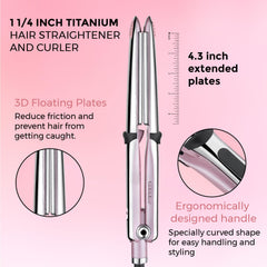 Rozamor titanium flat iron curling action demonstrating 2-in-1 capability