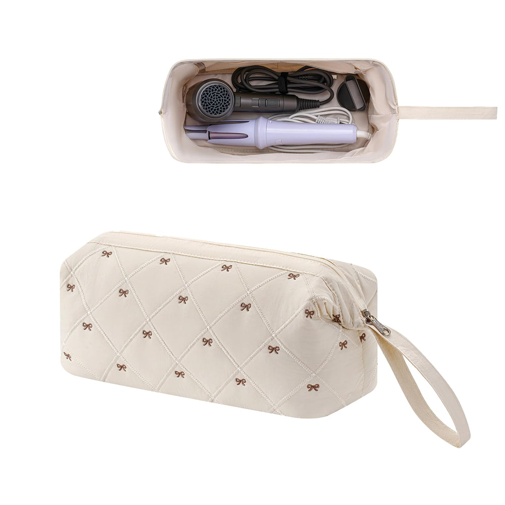 RSRSLEII hair tools travel bag front view with quilted beige waterproof exterior for organized travel.