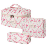 RSRSLEII large quilted makeup bag in floral pink bows for travel.