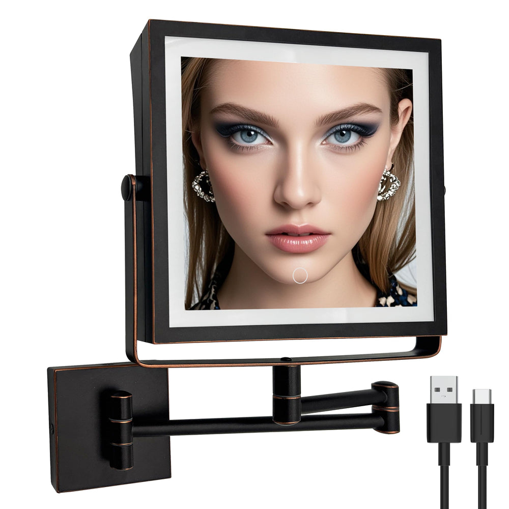 Ruacq rechargeable wall-mounted makeup mirror front view in oil rubbed bronze, ideal for everyday makeup.