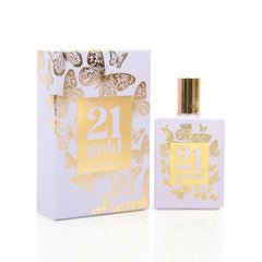 Rue 21 Gold perfume bottle on vanity showcasing glam scent for evening wear