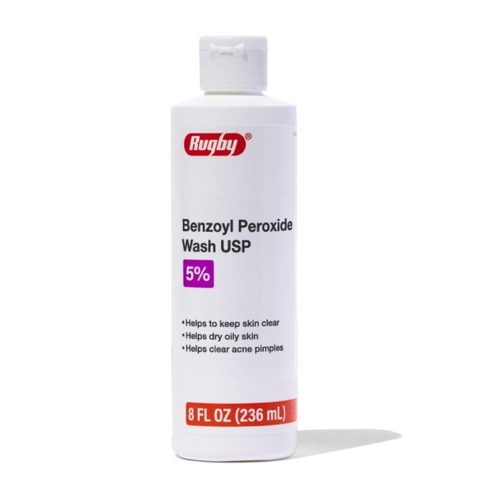 Rugby Benzoyl Peroxide Wash bottle closeup suggesting acne control for oily skin