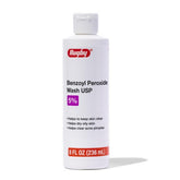 Rugby Benzoyl Peroxide Wash bottle closeup suggesting acne control for oily skin