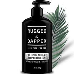 RUGGED & DAPPER bottle biotin-thickening shows thicker-looking hair after use